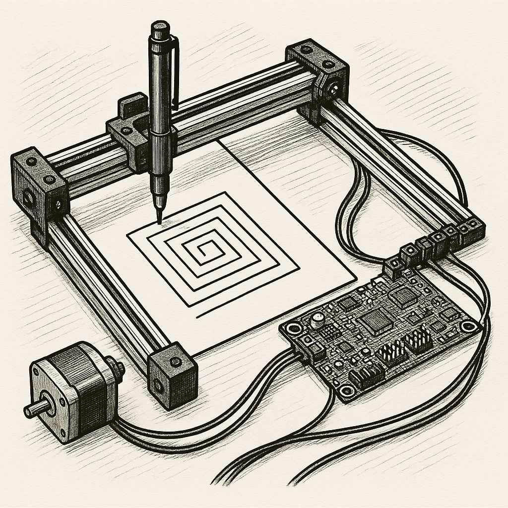 An illustration of a pen plotter